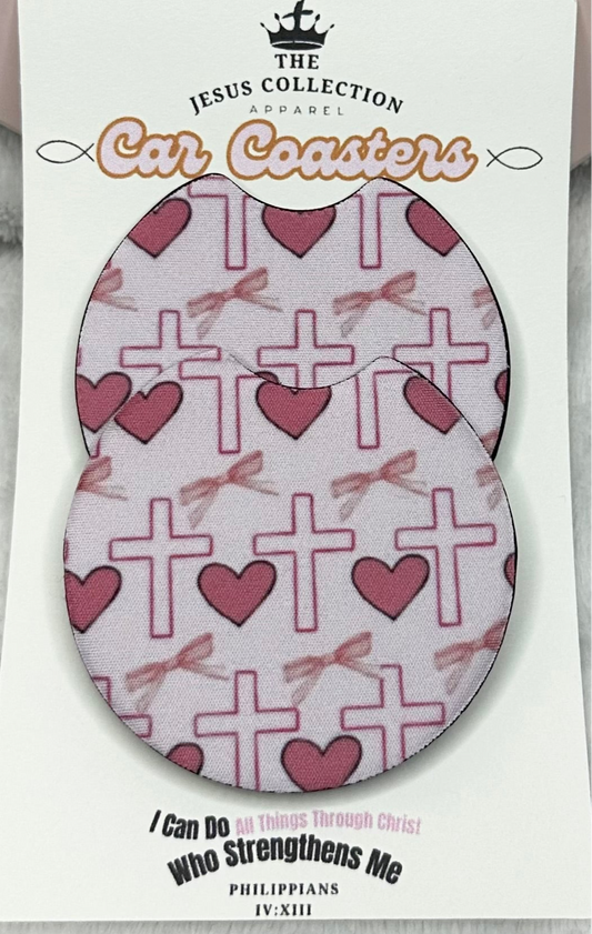 Pink girly bow,hearts and cross car coaster