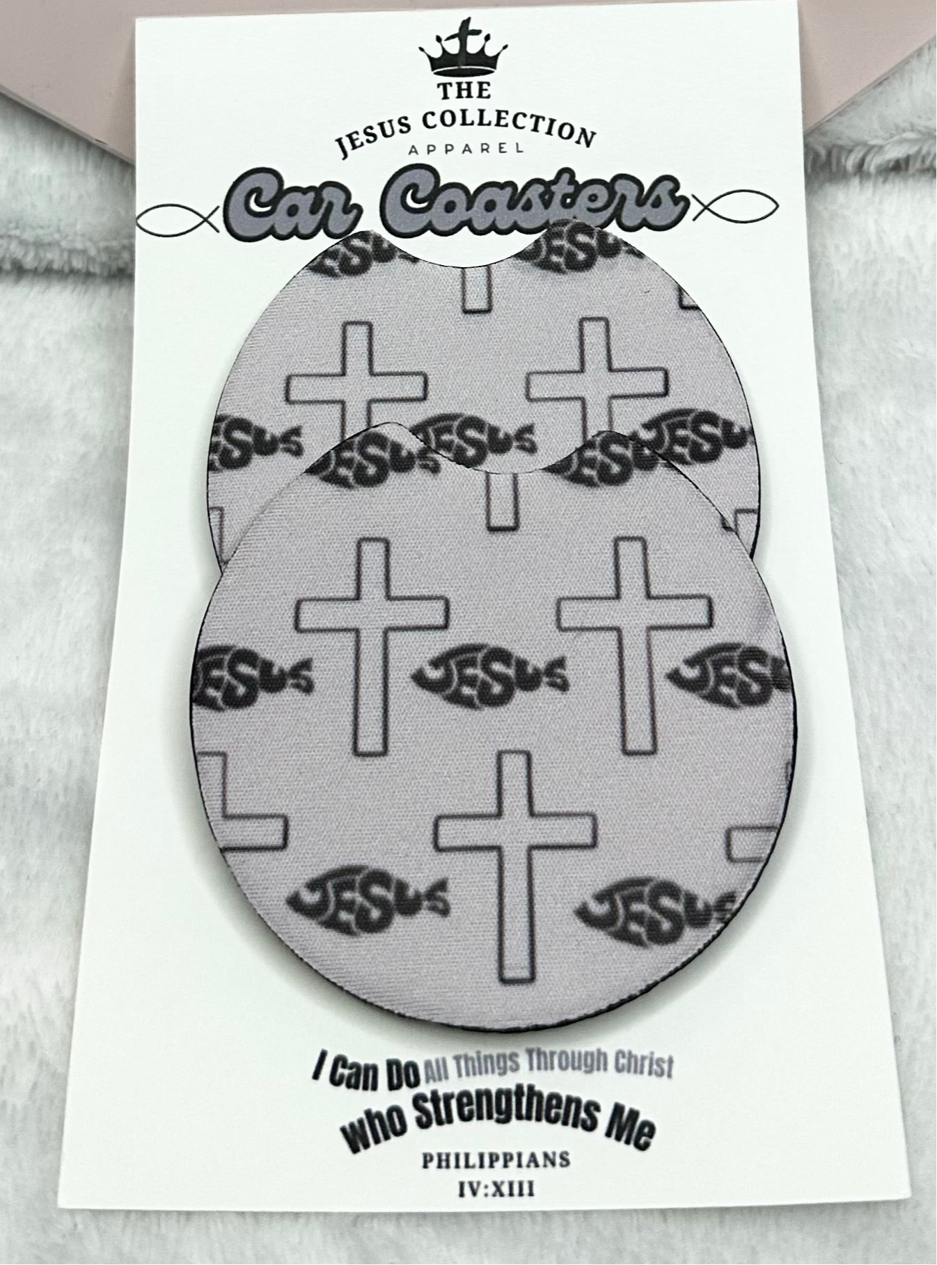 Grey Jesus fish Car Coaster