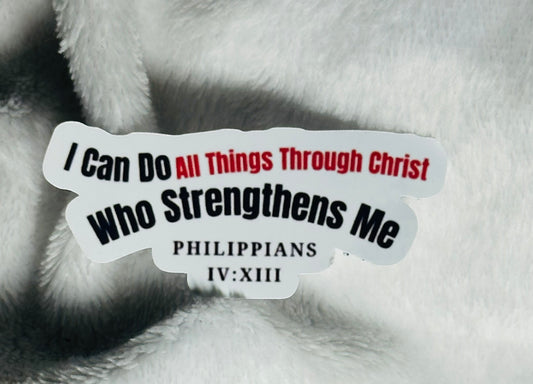 NEW! Red I can co all things through Christ sticker